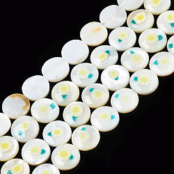Natural Freshwater Shell Enamel Beads, Flat Round with Flower, Yellow, 11x3mm, Hole: 0.8mm, about 32pcs/strand, 14.37 inch(36.5cm)(SHEL-N026-194-06)