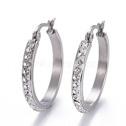 304 Stainless Steel Hoop Earrings, with Polymer Clay Rhinestone, Crystal, Stainless Steel Color, 27x27x3mm, Pin: 0.7x1mm(EJEW-L232-036A-P)