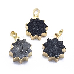 Natural Druzy Agate Pendants, Edge Golden Plated, with Golden Tone Brass Finding, Star, Dyed & Heated, Black, 23.5~24.5x19.5~20x7~10mm, Hole: 5x7.5mm(G-O176O-03A-G)