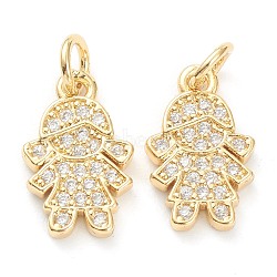 Brass Micro Pave Clear Cubic Zirconia Pendants, Long-Lasting Plated, Little Girl, Real 18K Gold Plated, 13.5x8.5x1.5mm, Hole: 3mm(ZIRC-J041-10)