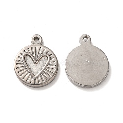 Valentine's Day 304 Stainless Steel Pendants, Flat Round with Heart Charm, Stainless Steel Color, 19x15x2.5mm, Hole: 1.6mm(STAS-E193-07P)