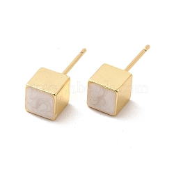 Enamel Cube Stud Earrings, Real 18K Gold Plated Brass Jewelry for Women, White, 6x6mm, Pin: 0.8mm(EJEW-P210-02G-01)