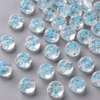 Transparent Clear Acrylic Beads, Horizontal Hole, Flat Round with Random Letter, Sky Blue, 7x4mm, Hole: 1.6mm, about 3700pcs/500g
