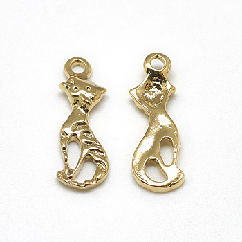 Brass Pendants, Cat Shape, Real 18K Gold Plated, 22x7.5x1.5mm, Hole: 1mm
