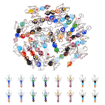 50Pcs Handmade Millefiori Glass Pendants, with Tibetan Style Alloy Beads and 304 Stainless Steel Jump Rings, Angel, Mixed Color, 32.5x18x6mm, Jump Ring: 6x0.8mm, Inner Diameter: 4.5mm