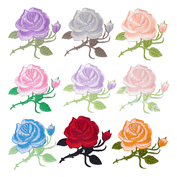 HOBBIESAY 9Pcs 9 Colors Rose Shape Computerized Embroidery Cloth Sew on/Iron on Patches, Costume Accessories, Appliques, Mixed Color, 83x90x1mm, 1pc/color