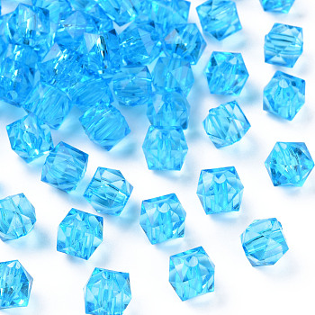 Transparent Acrylic Beads, Faceted, Square, Deep Sky Blue, 8.5x9.5x9.5mm, Hole: 2.5mm, about 1070pcs/500g