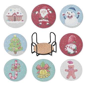 DIY Christmas Theme Diamond Painting Coaster Kits, Including Acrylic Cup Mat, Cork Mat, Iron Coaster Stand, Resin Rhinestones, Pen, Tray Plate and Glue Clay, Colorful, 100mm, 8pcs/set