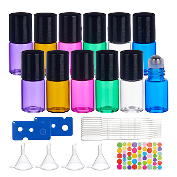BENECREAT Glass Essential Oil Roller Bottles, with Plastic Bottle Opener, Plastic Dropper, Plastic Funnel Hopper, Cute Paper Rainbow Color Stickers, Mixed Color, 14.5x36.5mm, capacity: 2ml(0.06 fl. oz), 28pcs