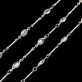 Brass Horse Eye Link Chains, with Clear Cubic Zirconia Beaded, Unwelded, with Spool, Silver, 14x4.5x2mm