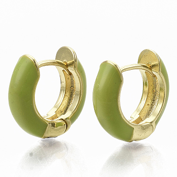 Brass Huggie Hoop Earrings, with Enamel, Real 18K Gold Plated, Yellow Green, 14x15x5mm, Pin: 1x1mm