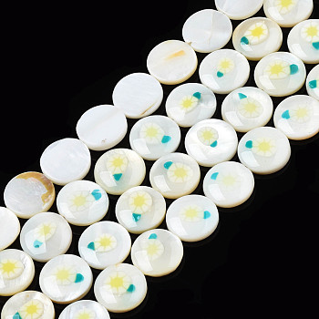 Natural Freshwater Shell Enamel Beads, Flat Round with Flower, Yellow, 11x3mm, Hole: 0.8mm, about 32pcs/strand, 14.37 inch(36.5cm)
