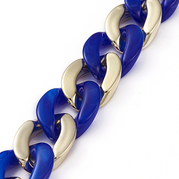 Handmade CCB Plastic Curb Chain, with Acrylic Linking Rings, Imitation Gemstone, for Handbag Chain Making, Golden, Royal Blue, Link: 22~23x16~17x5mm, 39.37 inch(1m)/strand