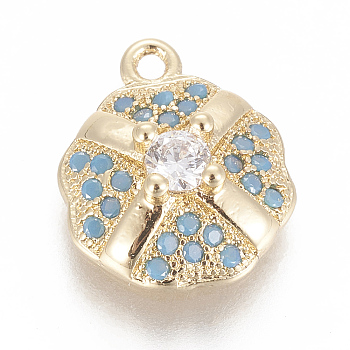 Brass Micro Pave Cubic Zirconia Charms, Flower, Golden, Sky Blue & Cleart, 12x10x4.5mm, Hole: 1.2mm