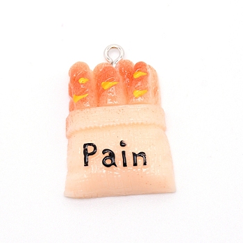 Resin Pendants, with Platinum Plated Iron Loops, Imitation Food, Imitation Food, Bread with Word Pain, Orange, 30x21x8mm, Hole: 2mm