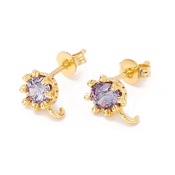 Rack Plating Brass Cubic Zirconia Stud Earrings Findings, Real 18K Gold Plated, with Hook, Cadmium Free & Lead Free, Crown, Purple, 9x7mm, Hole: 1.6mm, Pin: 1mm