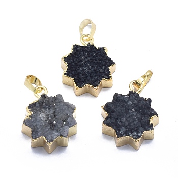 Natural Druzy Agate Pendants, Edge Golden Plated, with Golden Tone Brass Finding, Star, Dyed & Heated, Black, 23.5~24.5x19.5~20x7~10mm, Hole: 5x7.5mm