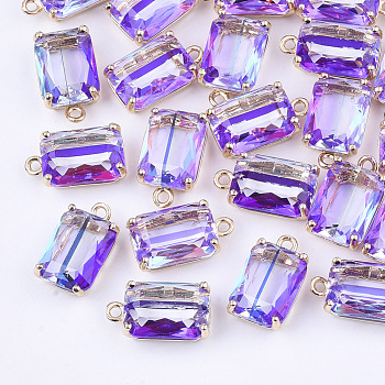 Transparent Glass Pendants, with Brass Findings, Faceted, Rectangle, AB Color Plated, Light Gold, Medium Purple, 17.5x10x6.5mm, Hole: 1.6mm
