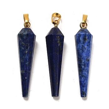 Natural Lapis Lazuli Pointed Pendants, Dyed, Faceted Cone Charms with Golden Plated Barss Snap on Bails, 35~35.5x8~8.5mm, Hole: 6.5x4mm