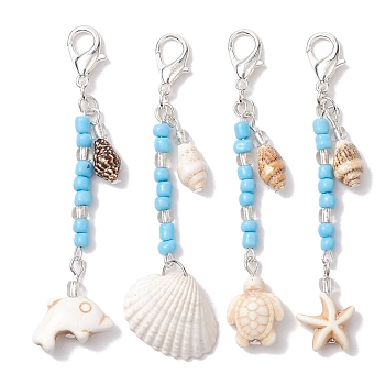 4Pcs Shell Pendant Decorations, with Glass Beads, Synthetic Turquoise Beads and Zinc Alloy Lobster Claw Clasps, Seashell Color, 78~80mm, 4pcs/set