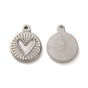 Valentine's Day 304 Stainless Steel Pendants, Flat Round with Heart Charm, Stainless Steel Color, 19x15x2.5mm, Hole: 1.6mm