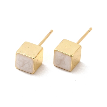 Enamel Cube Stud Earrings, Real 18K Gold Plated Brass Jewelry for Women, White, 6x6mm, Pin: 0.8mm