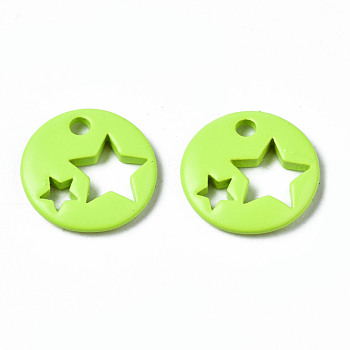 Spray Painted Brass Charms, Flat Round with Star, Green Yellow, 14.5x14.5x2.5mm, Hole: 2mm