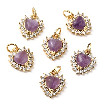 Natural Amethyst Heart Charms, with Rack Plating Brass Micro Pave Clear Cubic Zirconia Findings and Jump Ring, Cadmium Free & Lead Free, Real 18K Gold Plated, 12.5x11x5mm, Hole: 3.5mm
