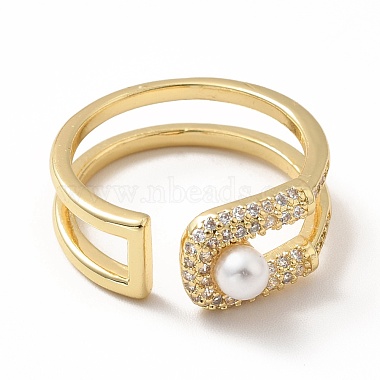 Cubic Zirconia Initial Letter U Open Cuff Ring with Imitation Pearl(RJEW-H101-33G)-2