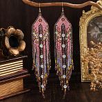 Handmade Glass Seed Beads Tassel Dangle Earrings, with Crystal, Golden, Pink, 165x35mm(TU7843)