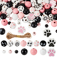 305Pcs 15 Styles Spray Painted Dog Paw Print Wood Beads, for Jewelry Making, Round & Paw Print Shape with 1 Bundle Jute Cord, Mixed Color, 8~20x2~20x2~15.5mm, Hole: 1.5~4mm(WOOD-OC0002-99)