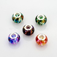 Large Hole Glass European Beads, with Silver Color Plated Brass Cores, Rondelle, Mixed Color, 14x11mm, Hole: 5mm(GPDL-J017-M)