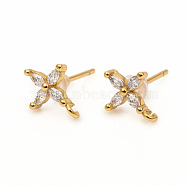 Brass Stud Earring Findings, with Loops, Clear Cubic Zirconia and Ear Nuts, Flower, Golden, 10.5x8mm, Hole: 1.4mm, Pin: 0.9mm(X-ZIRC-L096-14G)