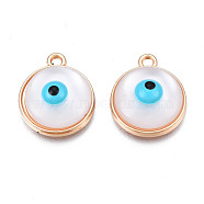 Rack Plating Alloy Enamel Pendants, with Resin Imitation Cat Eye Cabochon, Cadmium Free & Nickel Free & Lead Free, Light Gold, Half Round with Eye, White, 19x16x6mm, Hole: 1.8mm(PALLOY-S132-309)