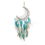 Iron Cord Woven Web/Net with Feather Pendant Decorations, with Plastic Beads, Covered with Leather Cord, Moon, Colorful, 660mm(AJEW-B017-31)
