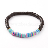 Polymer Clay Heishi Beads Stretch Bracelets, with Natural Coconut Beads and Golden Plated Brass Beads, Disc/Flat Round, Colorful, Inner Diameter: 2-1/4 inch(5.6cm)(BJEW-JB05811-03)