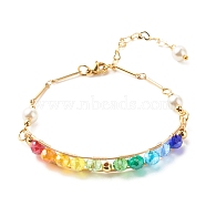 Natural Pearl & Faceted Glass Beaded Bracelet for Teen Girl Women, Wire Wrap Brass Link Chain Bracelet, Golden, Colorful, 6-1/4 inch(16cm)(BJEW-TA00026)