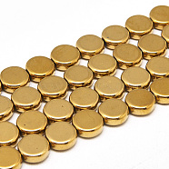 Electroplate Non-magnetic Synthetic Hematite Beads Strands, Flat Round, Golden Plated, 10x4mm, Hole: 1mm, about 44pcs/strand, 16.1 inch(G-T060-10mm-01F)