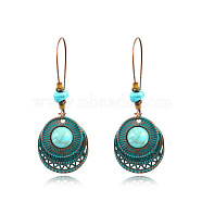 Retro Alloy Dangle Earrings, with Natural Dyed Howlite, Flat Round, Red Copper, Turquoise, 62x24mm(EJEW-F238-03)