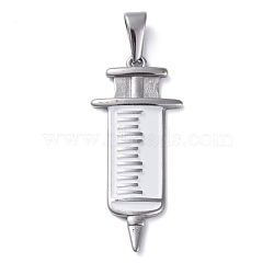 304 Stainless Steel Pendants, with Enamel, Injection Syringe Shape, White, Stainless Steel Color, 43x19.5x2.5mm, Hole: 8x3mm(STAS-I127-096P)