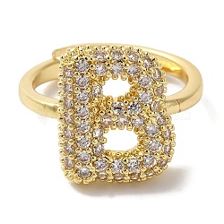 Rack Plating Letter Brass Micro Pave Clear Cubic Zirconia Adjustable Rings for Women, Real 18K Gold Plated, Letter B, 14.5x12mm, Inner Diameter: 17mm(KK-S391-03G-B)