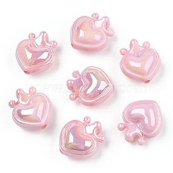 UV Plating Opaque Rainbow Iridescent Acrylic Beads, Heart with Crown, Pink, 24.5x21.5x14mm, Hole: 3mm(OACR-T027-01-B05)