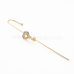 Heart Skeleton Key Stud Earring, Brass Micro Pave Cubic Zirconia Ear Wrap Crawler Hook Earrings, Earcuffs for Her, Nickel Free, Real 16K Gold Plated, 70mm, Pin: 1mm(EJEW-N099-005-NF)