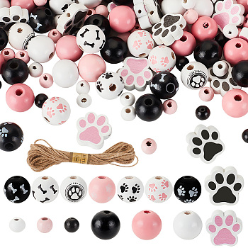 305Pcs 15 Styles Spray Painted Dog Paw Print Wood Beads, for Jewelry Making, Round & Paw Print Shape with 1 Bundle Jute Cord, Mixed Color, 8~20x2~20x2~15.5mm, Hole: 1.5~4mm