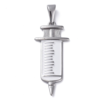 304 Stainless Steel Pendants, with Enamel, Injection Syringe Shape, White, Stainless Steel Color, 43x19.5x2.5mm, Hole: 8x3mm