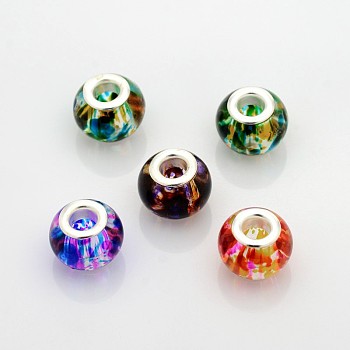Large Hole Glass European Beads, with Silver Color Plated Brass Cores, Rondelle, Mixed Color, 14x11mm, Hole: 5mm