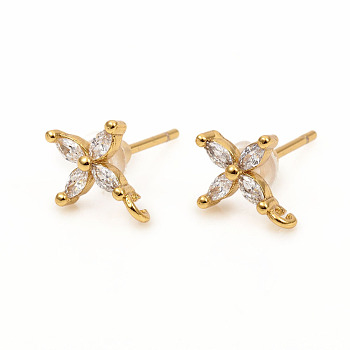 Brass Stud Earring Findings, with Loops, Clear Cubic Zirconia and Ear Nuts, Flower, Golden, 10.5x8mm, Hole: 1.4mm, Pin: 0.9mm
