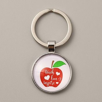 Teacher's Day Time Gem Keychain, with Alloy Findings, Half Round/Dome, Apple Pattern, 6cm