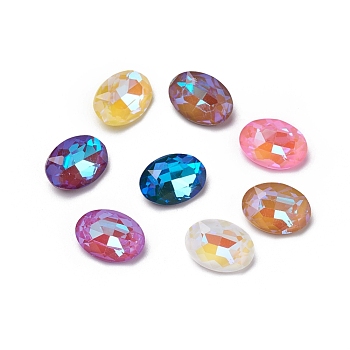 Glass Rhinestone Cabochons, Mocha Fluorescent Style, Pointed Back, Faceted, Oval, Mixed Color, 14x10x5.5mm