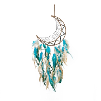 Iron Cord Woven Web/Net with Feather Pendant Decorations, with Plastic Beads, Covered with Leather Cord, Moon, Colorful, 660mm